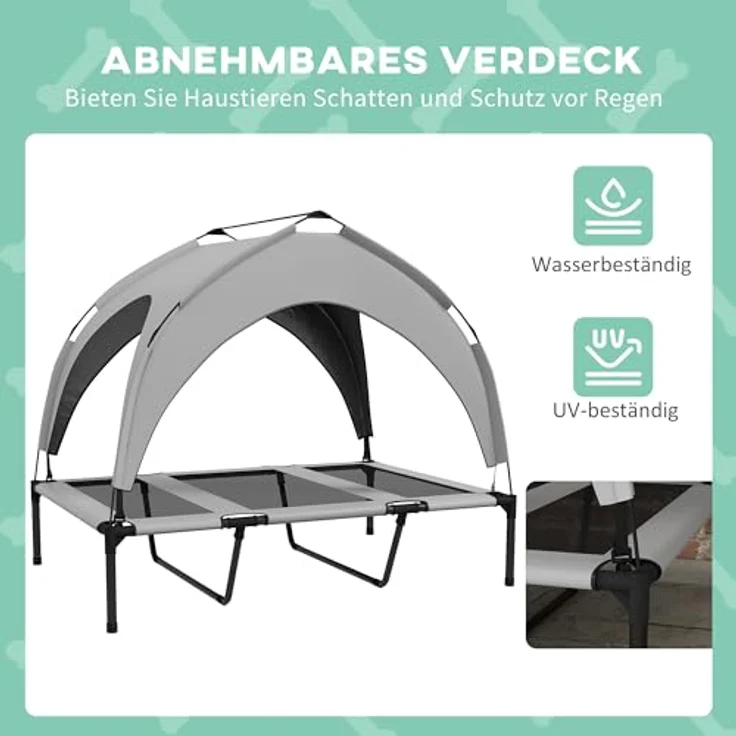 PawHut Erhöhtes Hundebett mit Baldachin, Haustierbett, Outdoor Hundeliege mit Dach, Atmungsaktiv, für große Hunde Hellgrau Oxford 106 x 76 x 94 cm – Bild 4