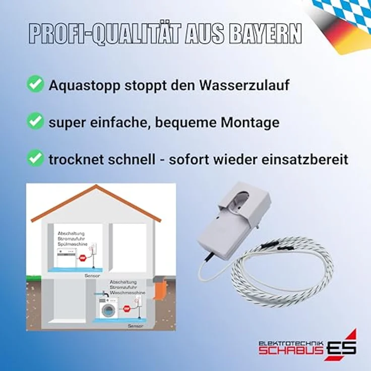 Schabus Aquastopp SHT 262, Wassermelder mit 2 m Sensorkabel, flächendeckende Leckage-Erkennung, akustischer & optischer Alarm, 230 V, automatische Abschaltung – Bild 3
