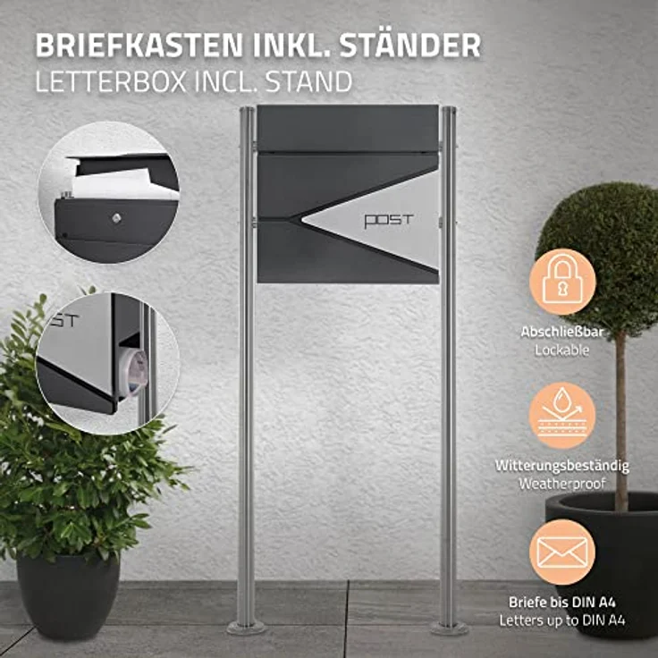 ECD Germany Standbriefkasten mit Zeitungsfach, Design Briefkasten mit Pfosten, Briefkastenanlage, Briefkastenständer Silber 120 cm Edelstahl, Postkasten Anthrazit-Silber Edelstahl pulverbeschichtet – Bild 2