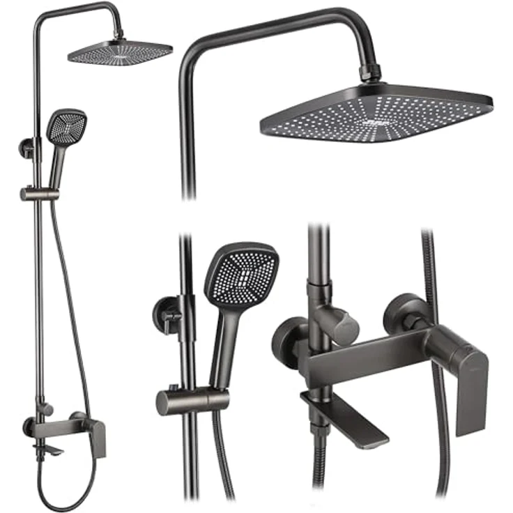 Rea Duschsystem STORM, Duschset mit Duscharmatur, Duschkopf und Kopfbrause, Messing, titan, Anti-Kalk, 3 Funktionen, Aufputzmontage – Bild 1