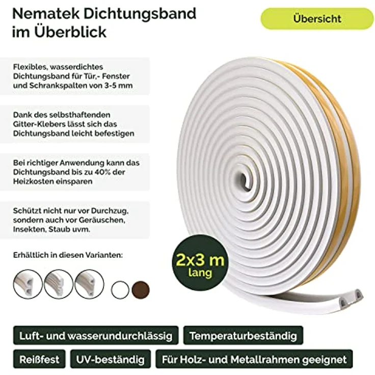 Nematek Insektenschutz-Fensterrahmen Nematek® Dichtungsband für Tür- und Fensterspalten, selbstklebend, weiß/braun, 2 x 3m, bis zu 40% Heizkosteneinsparung – Bild 3