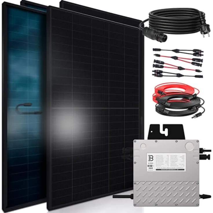 SUNNIVA 1840W Balkonkraftwerk BIFAZIAL FULLBLACK, komplettes Solarsystem mit 4x 460W Glas-Glas Modulen und 800W Wechselrichter, inkl. 5m Kabel