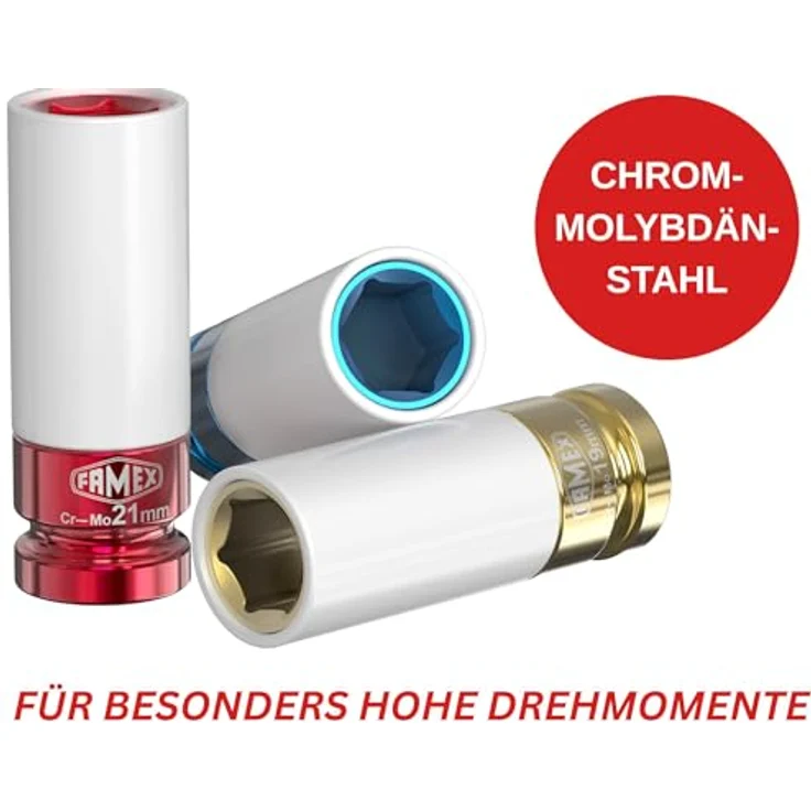 FAMEX 10914 Drehmomentschlüssel Set 1/2" (12,5mm) 30-210 Nm, mit 60cm-Gelenkschlüssel 630Nm und 3 Kunststoff-Stecknüssen für Radwechsel – Bild 3