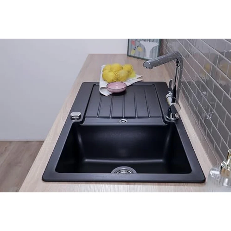 Respekta Austin Massivgranit Spüle 86 x 50 cm, hitzebeständig, 1 Becken, abgeschrägte Abtropffläche, schwarz, für Unterschränke ab 45 cm – Bild 4