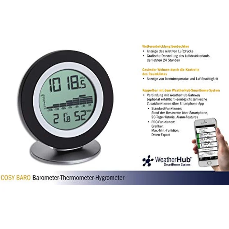 TFA Cosy Baro, Funk-Wetterstation mit digitalem Barometer, Thermometer und Hygrometer, Schwarz, SmartHome-fähig – Bild 4