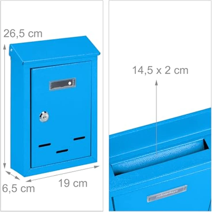Relaxdays Briefkasten mit Namensschild, aus Metall, mit 2 Schlüsseln, Postkasten schmal, HxBxT: 26,5 x 19 x 6,5 cm, blau, 1 Stück – Bild 4