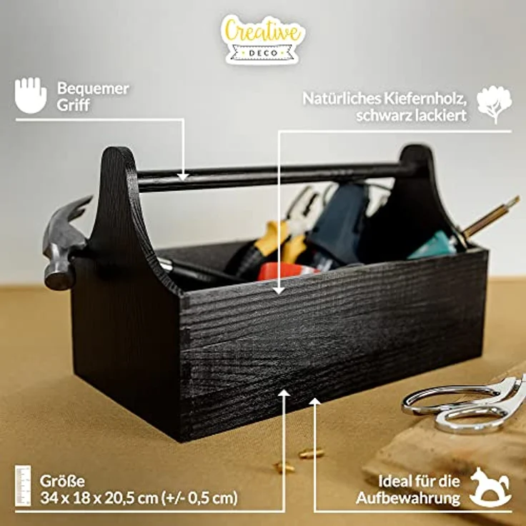 Creative Deco Werkzeugkoffer Werkzeugkasten aus Holz 34 x 18 x 20,5 cm Werkzeugkiste Toolbox, Schwarz – Bild 4