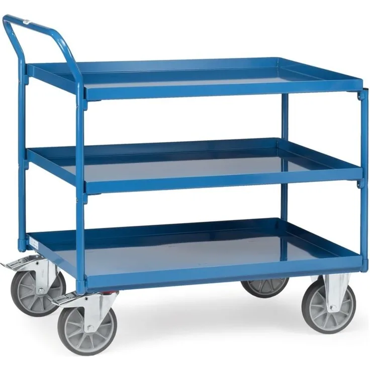 Fetra Tischwagen, Ladefläche 1000 x 700 mm, pulverbeschichtet in brillantblau, Tragkraft 400 kg, mit 3 Stahlblechwannen
