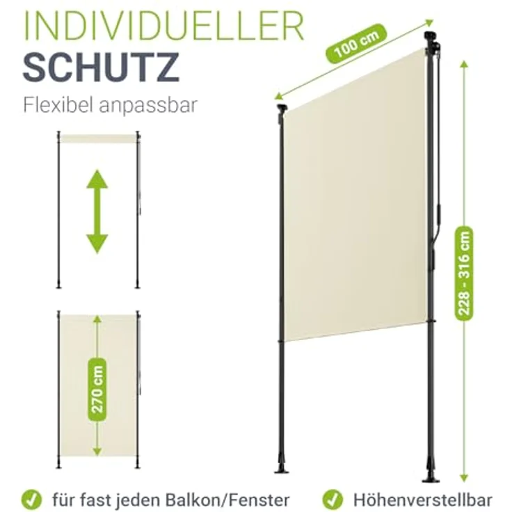 Juskys Senkrechtmarkise Barbados 100x310 cm - Beige, wetterfest, UV-beständig, ohne Bohren - Markise für Garten und Balkon – Bild 5
