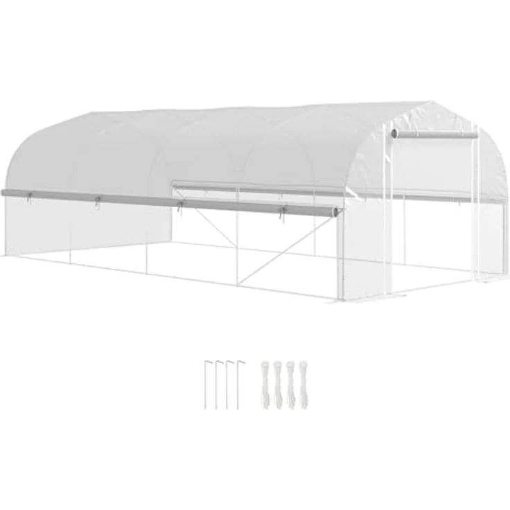 Outsunny Gewächshaus 6 x 3 x 2 m Foliengewächshaus mit 8 Fenster & Tür, Aufrollbar Seitenwänden, UV-beständiger Folientunnel Tomatenhaus mit verzinkten Stahlrahmen, Weiß – Bild 1