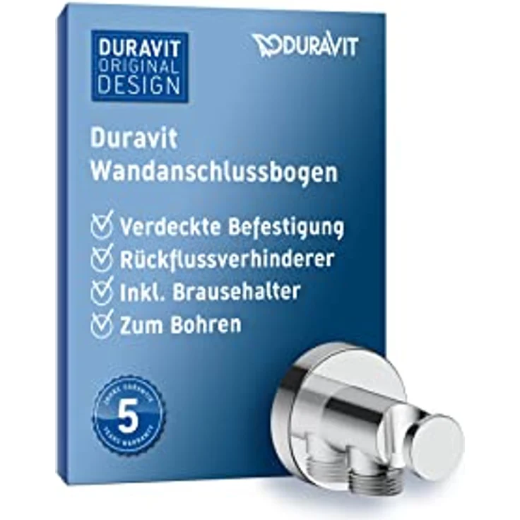 Duravit Universal Wandanschlussbogen, Schlauchanschluss inkl. Brausehalterung, Brauseanschlussbogen mit runder Wandabdeckung, Chrom – Bild 1