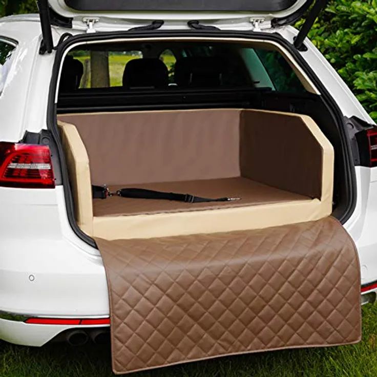 CopcoPet - Travel Bed Hundebett für Kofferraum 70x55x38cm Kunstleder Mocca - Wasserabweisend & Kratzfest - Rutschfest mit Schutzdecke - Reisebett für Hunde