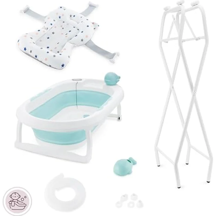 Moby-System Faltbare Babybadewanne mit Thermometer und Ständer, ergonomisch, mint – Bild 2