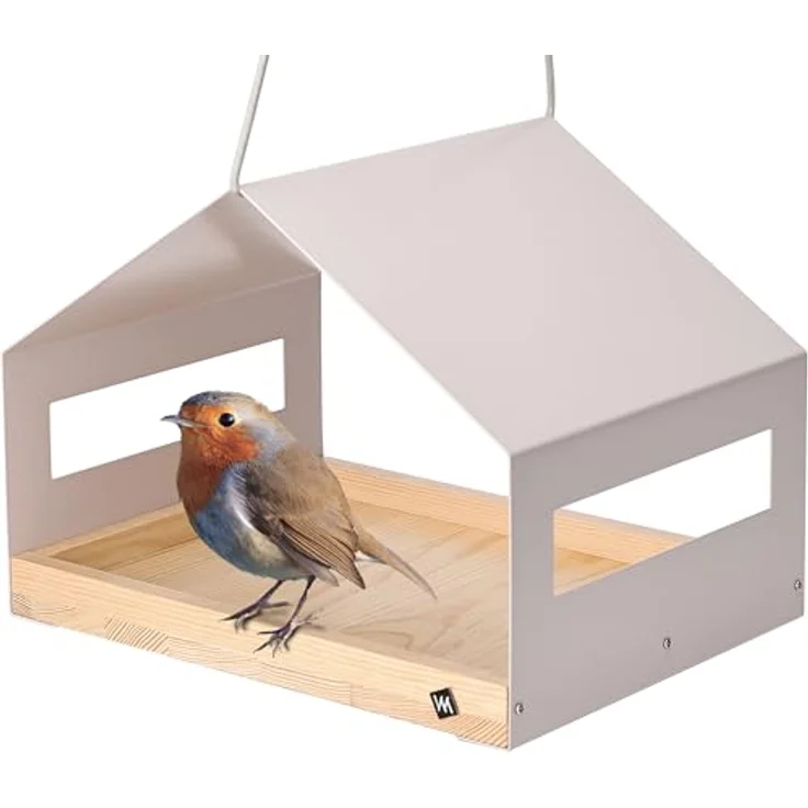 WONDERMAKE® Großes Design Vogelhaus aus Metall und Holz wetterfest zum Aufhängen, modernes Vogelfutterhaus XL Metalldach hängend, Vogelhäuschen Futterhaus für Vögel, Edelstahl Kiefer, grau-beige – Bild 1