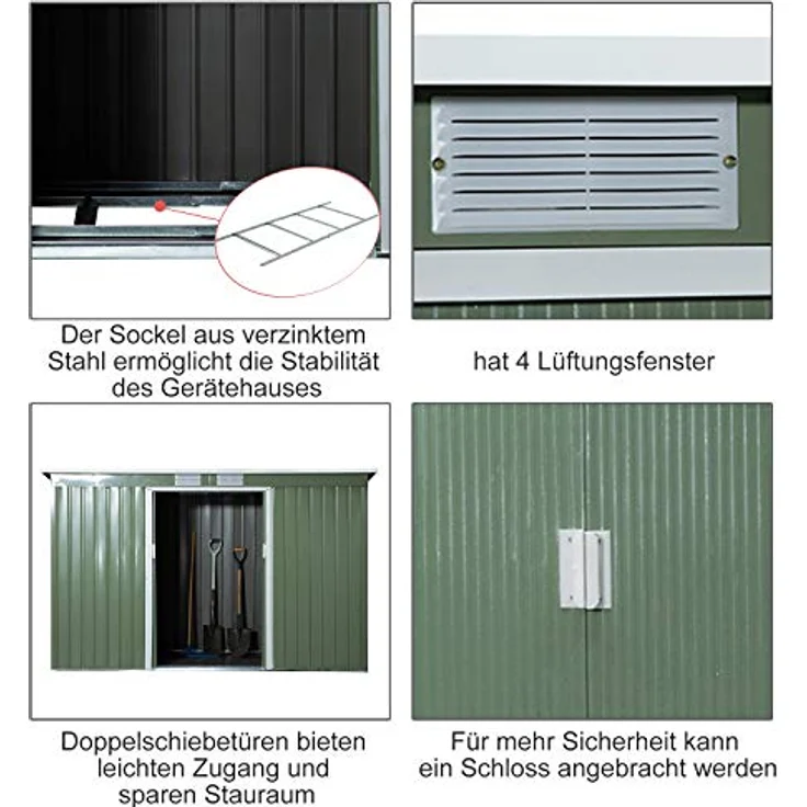 Outsunny Gerätehaus, Gartenhaus, Geräteschuppen mit Schiebetür, Lüftungsfenster, Pultdach, Outdoor, Stahl, Hellgrün, 280 x 130 x 172 cm – Bild 5