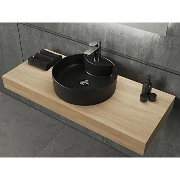 Aqua Bagno | Rundes Aufsatzwaschbecken mit Hahnloch schwarz matt, Keramikbecken, Handwaschbecken | 42 cm breit – Bild 4