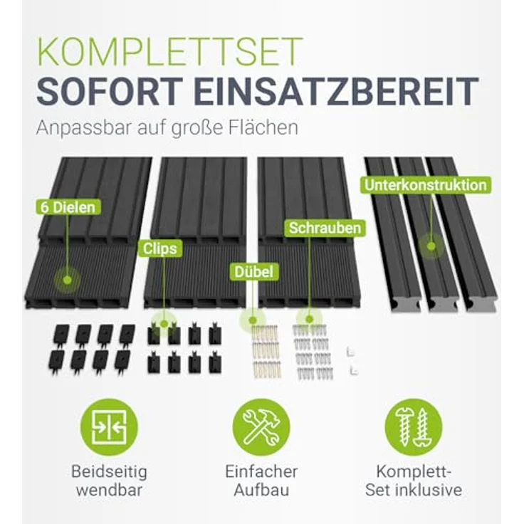 Juskys WPC-Terrassendielen, 30 m², witterungsbeständig, grau, raue Oberfläche, bis 330 kg/m² belastbar – Bild 3