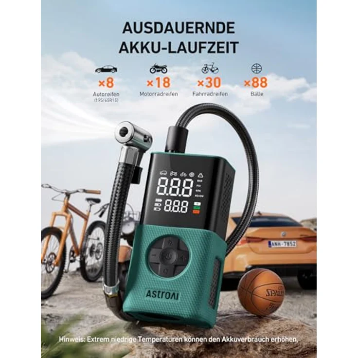 AstroAI Kabellose Elektrische Luftpumpe, Tragbare Akku Fahrradpumpe mit 150 PSI, 4000 mAh Akku, 4+N Smart-Modi, integrierter Taschenlampe und USB-C Schnittstelle – Bild 2