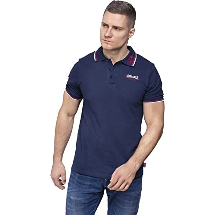 Lonsdale Poloshirt Lion, Arbeitsshirt mit abgesetzten Stickereien und gestreiften Bündchen, blau – Bild 2