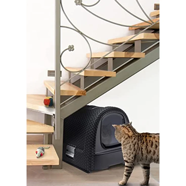 Curver 2068961 petlife Katzentoilette mit Deckel, Katzenklo inklusive Schaufel, moderne Rattangeflecht-Optik, anthrazit, 51,5 x 38,5 x 40 cm – Bild 2