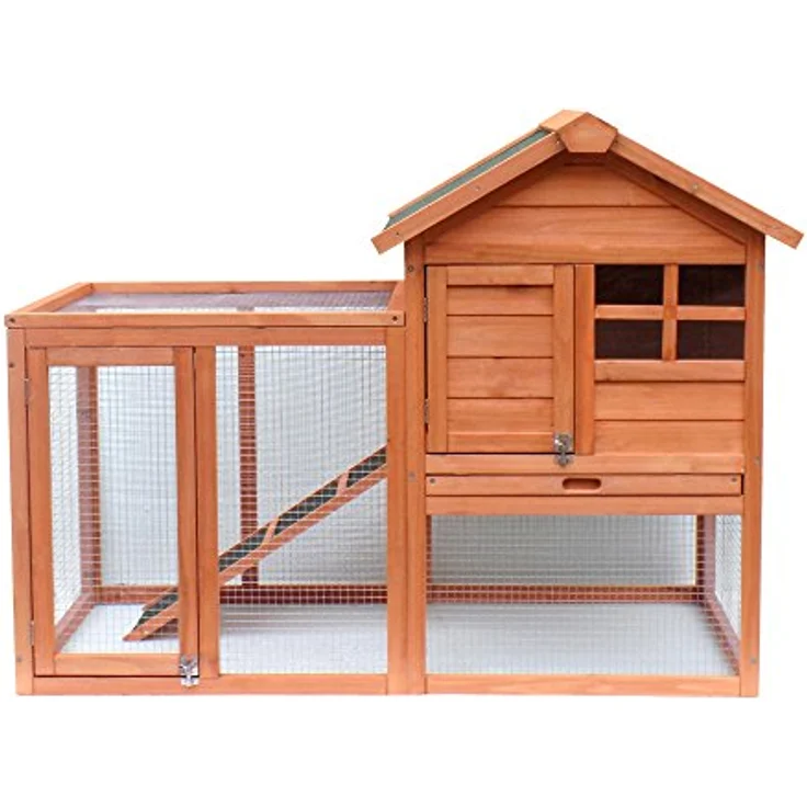 Wiltec Hasenstall 1220 x 630 x 920 mm mit Freilaufgehege und erhöhtem Unterschlupf, Fichtenholz, 2 Etagen, Kleintierstall, grün – Bild 2