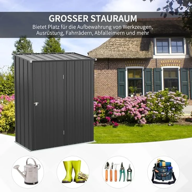 Outsunny Gerätehaus mit Pultdach 1,34 m² Gartenhaus Geräteschuppen Abschließbarer Geräteschrank verzinkter Stahl Schwarz 161,5 x 94,5 x 196 cm – Bild 3