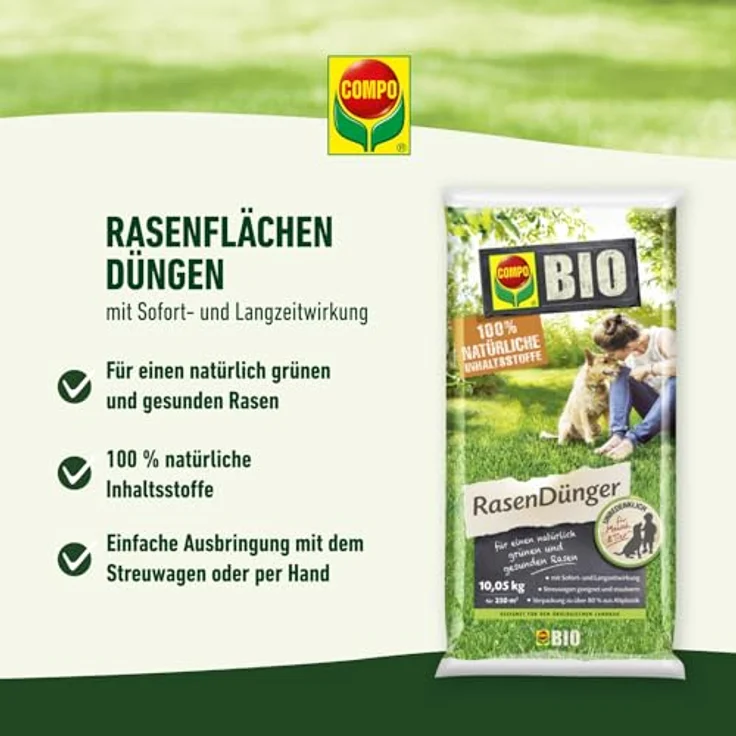 Compo Bio-Rasendünger 10,05 kg, 100% natürliche Inhaltsstoffe, für 250 m², sofort- und langzeitwirksam, staubarm, unbedenklich für Mensch und Tier – Bild 8
