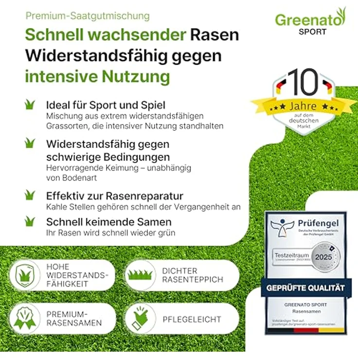 Greenato Rasensamen Greenato Sport 30kg - Schnellkeimend, ideal für Mähroboter, extra robust, für Neuansaat und Nachsaat, reicht für 1200 m² – Bild 2