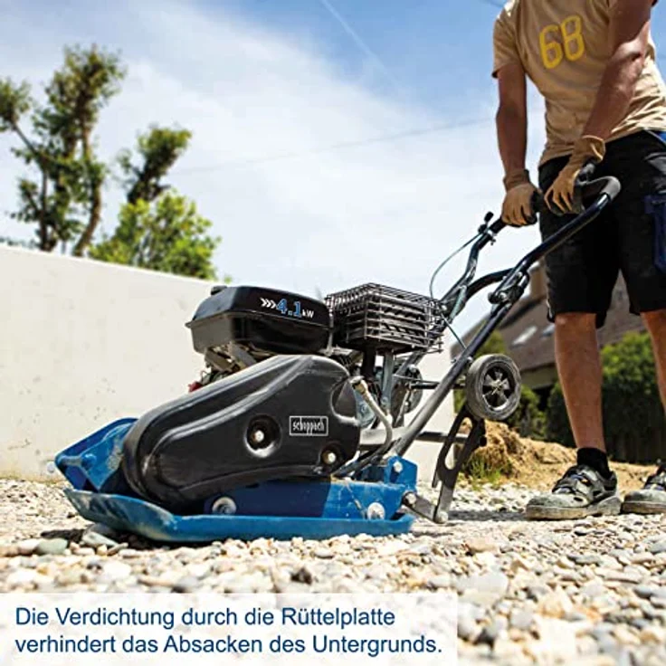 Scheppach Benzin Rüttelplatte HP2300S Verdichter Rüttler Vibrationsplatte | 5,6 PS Leistung | 23 kN Verdichtungsdruck | 35cm Verdichtungstiefe | Komplettset inkl. Gummimatte und Fahrvorrichtung – Bild 5
