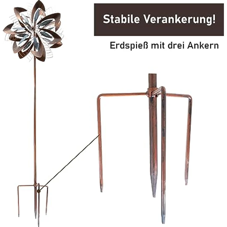 LEMODO Windrad Dandelion mit gegenläufigen Rotoren | Gartendeko in 2 Höhen aufbaubar | Gartenstecker mit 213 cm Höhe | Windmühle in Kupferoptik | Windskulptur mit Charme – Bild 5
