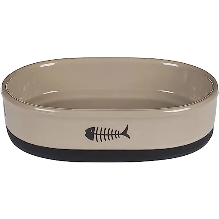 Flamingo FUTTER- UND TRINKNAPF KATZE AURI KERAMIK TAUPE OVAL ANTI-RUTSCH 550ML 18,5x13x5CM - Futternapf für Katzen in Taupe mit rutschfester Unterseite