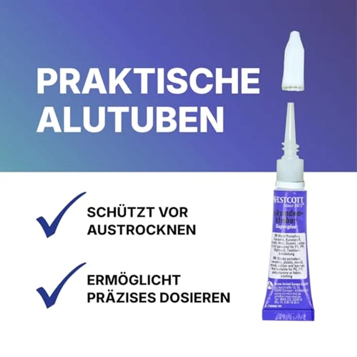Westcott Sekundenkleber flüssig 3g (2er-Set) | Alleskleber extra stark für Porzellan, Keramik, Kunststoffe, Metall und Holz | Präzise Dosierung in hochwertigen Alutuben – Bild 3