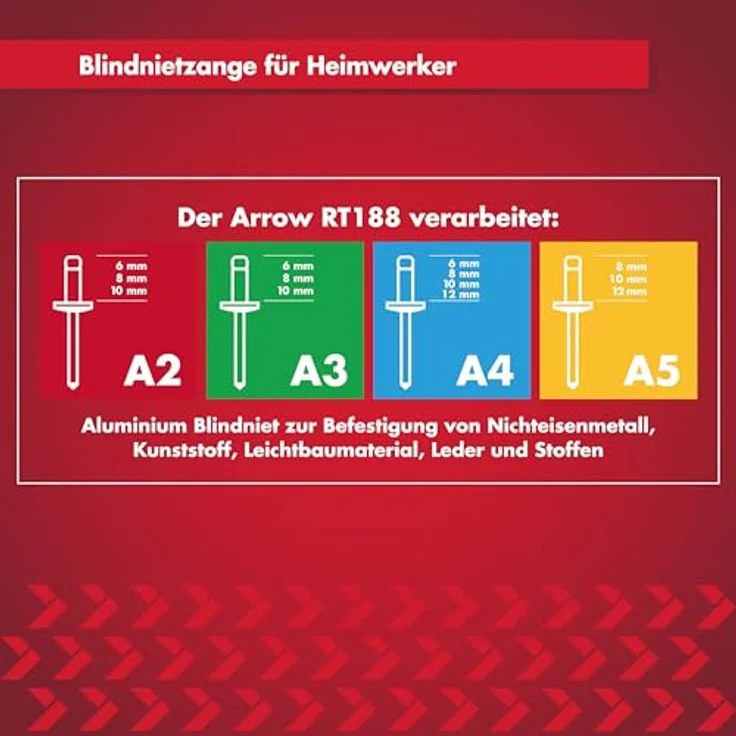 Arrow RT188 Blindnietzange, Einhand-Nietzange mit 4 Farbcode-Mundstücken, robuste Stahlkonstruktion – Bild 6