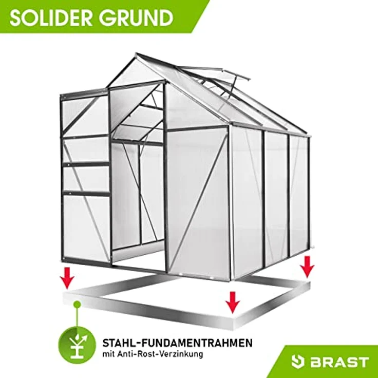 BRAST® Gewächshaus Aluminium mit Fundament rostfrei 38 Modelle 190x190x195cm - 490x250x235cm TÜV geprüft 6mm Platten 190x190x195cm Grau – Bild 4