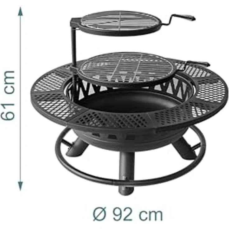 Relaxdays Feuerschale Ø 92 cm, Gartenfeuerstelle mit verstellbaren Grillrosten, Deckel, Schürhaken und Schutzhülle, Schwarz, 61 x 92 x 92 cm – Bild 4
