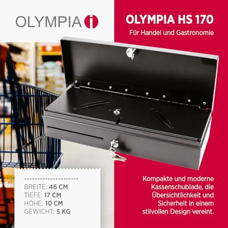 Olympia HS 170 Kassenschublade | Abschließbare Geldkassette mit Einwurfschlitz | RJ12-kompatibel | 6-Geldschein & 8-Kleingeld Aufbewahrung | Schwarz | 46x17x10 cm – Bild 2