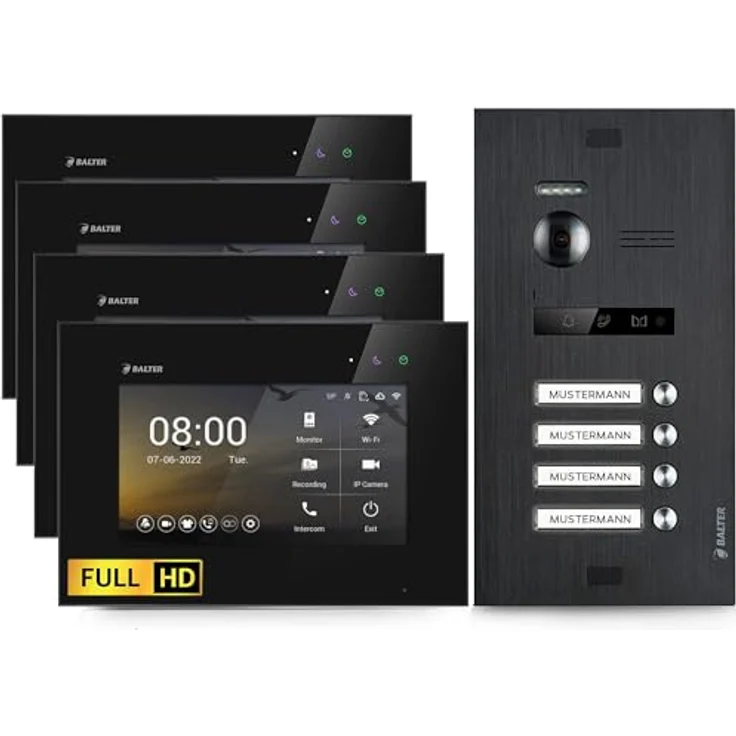 Balter EVO HD Video-Türsprechanlage, Komplettset für 4 Familienhaus, 4x 7 Zoll Monitore, Full HD Kamera, Schwarz, Interkom, Bildspeicherung – Bild 1