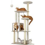 Feandrea Kratzbaum, 165 cm hoher moderner Katzenbaum, Katzenhaus mit 5 Kratzsäulen, waschbare abnehmbare Kissen, Plattform, Katzenhöhle, Katzenmöbel für Wohnungskatzen, Greige PCT166G01