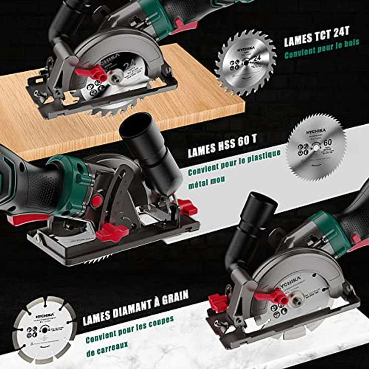Kreissäge 750 W, HYCHIKA 3500 U/min, max. Schnitttiefe 48 mm (90°) und 32 mm (45°), Motor aus reinem Kupferdraht, Mini-Kreissäge zum Schneiden von Fliesen, Metall und Holz – Bild 3