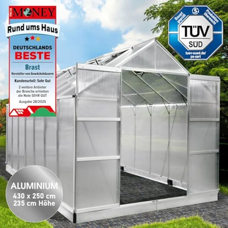 BRAST Gewächshaus Aluminium mit Fundament, 430x250x235cm, TÜV geprüft, rostfrei, wetterfest, temperaturbeständig, silber, 6mm Hohlkammerplatten – Bild 2