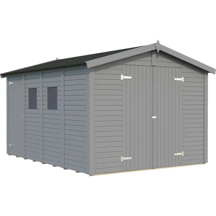Palmako Gerätehaus Dan 9,9 m², nordisches Fichtenholz, 16 mm Wände, hellgrau lackiert, 2 Räume, Doppel- und Einzeltür