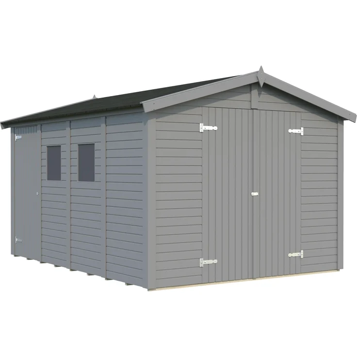 Palmako Gerätehaus Dan 9,9 m², nordisches Fichtenholz, 16 mm Wände, hellgrau lackiert, 2 Räume, Doppel- und Einzeltür
