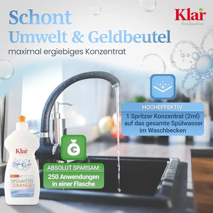 Almawin Klar Spülmittel, Orange, 500ml, Geschirrspülmittel mit natürlichem ätherischen Orangenöl – Bild 3