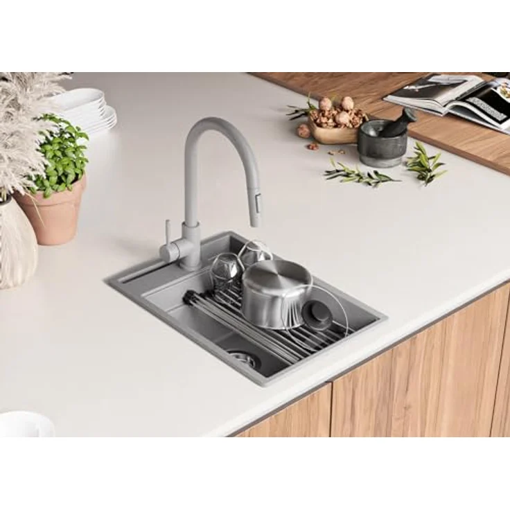 Primagran Spülbecken Oslo Pocket in Grau 38x53cm, Granitspüle mit 1 Becken + Ablauf-Set + Küchenzubehörset, ab 40er Unterschrank geeignet – Bild 2