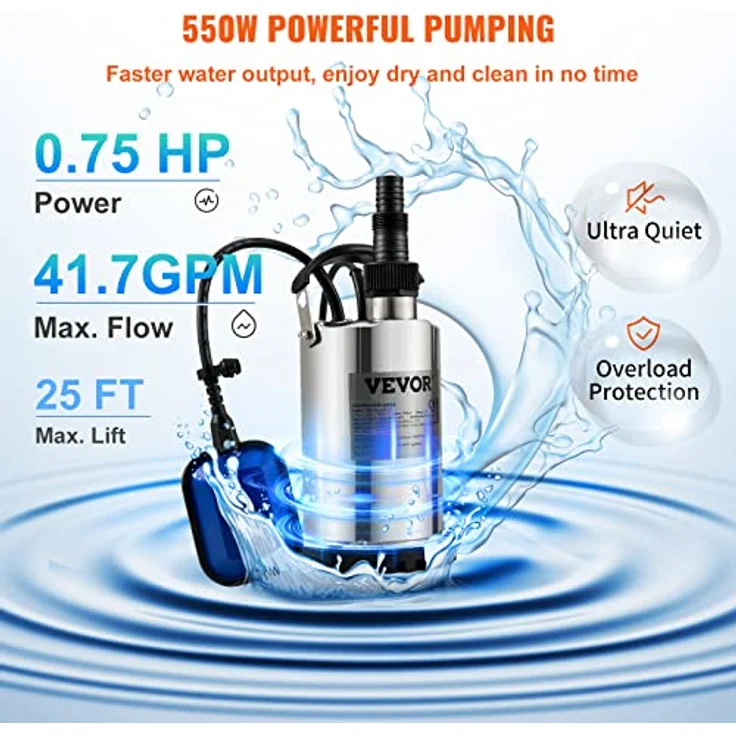 VEVOR Schmutzwasserpumpe 550 W Tauchpumpe, 158 L/min, für Swimmingpool Keller Klärgrube, mit Ablassadapter – Bild 3