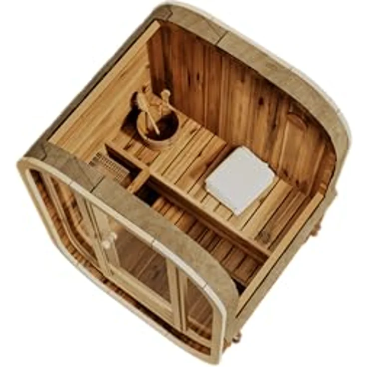FinnTherm Fasssauna Ellipso S, 42 mm Wandstärke, außergewöhnliches Design, Thermoholz - B 136 x T 119 x H 203 cm – Bild 3