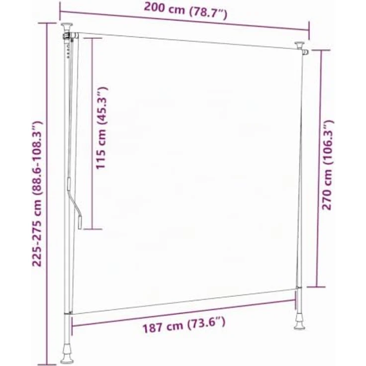 vidaXL Außenrollo 200 x 270 cm Anthrazit, PA-beschichtet mit Handkurbelbetrieb und höhenverstellbaren Pfosten – Bild 2