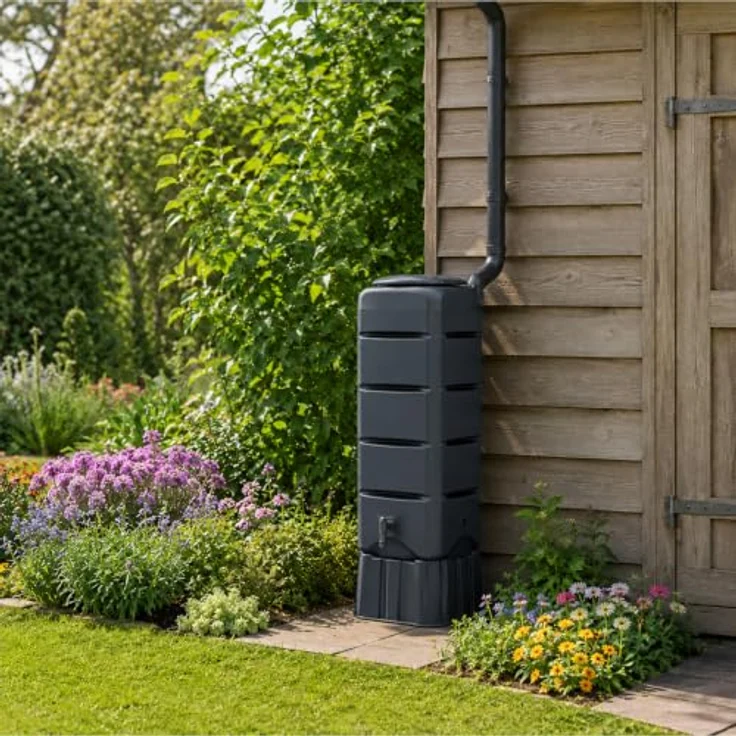 Prosperplast Regentonne Tenso, 120 l, viereckig, anthrazit, Set mit Unterstand und Wasserhahn – Bild 2