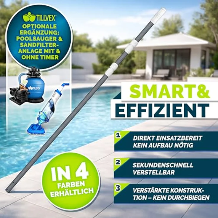 tillvex Pool Teleskopstange 1,20 - 3,60m, Aluminium Poolstange zur Reinigung mit 3-fach Teleskop und ergonomischem ABS-Griff – Bild 7