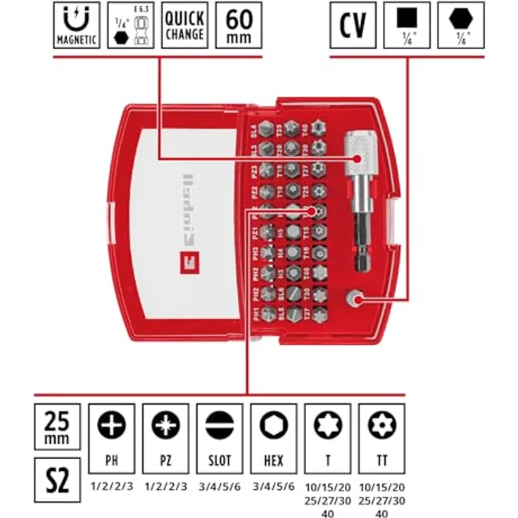 Einhell BELT CLIP 118495 Bit-Set 32-teilig, TORX, PZ, PH, Schlitz, Tamper, inkl. 60-mm-Bithalter, robustes Chrom Vanadium, kompakte Bit-Box mit Gürtelclip – Bild 2